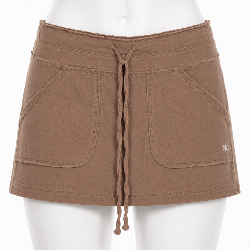Y2K Cotton Mini Skirt Brown,Front pockets, Drawstring Athleisure, Indie, Size M